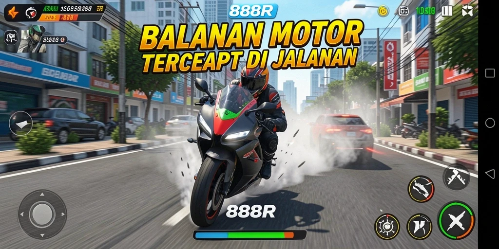 Screenshot utama 888R menampilkan aksi balapan motor yang mendebarkan.