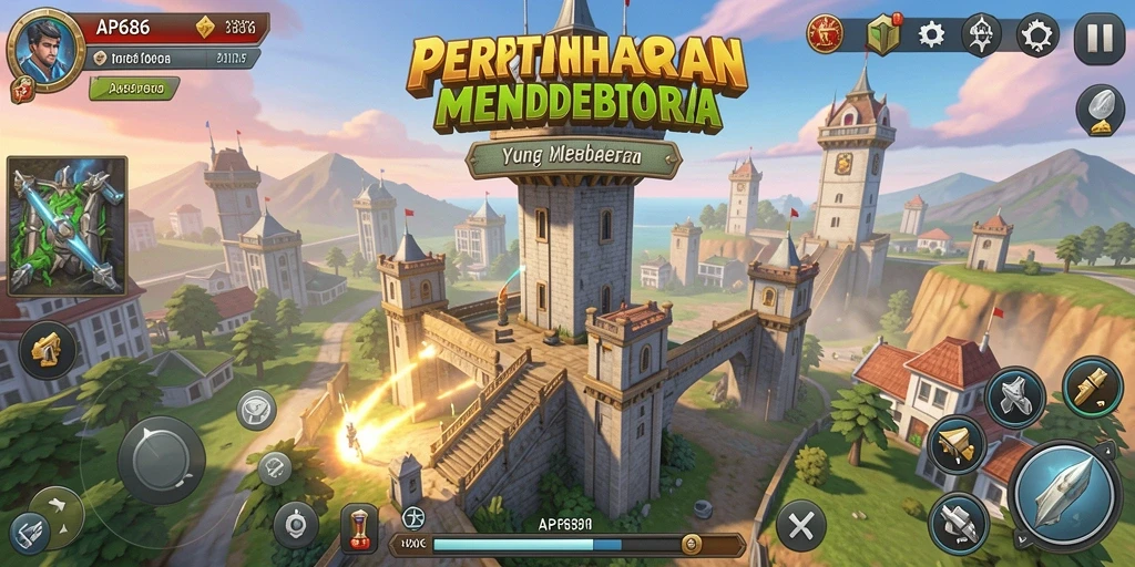 Tampilan menarik dari gameplay Tower Defense AP686 dengan menara yang beragam.