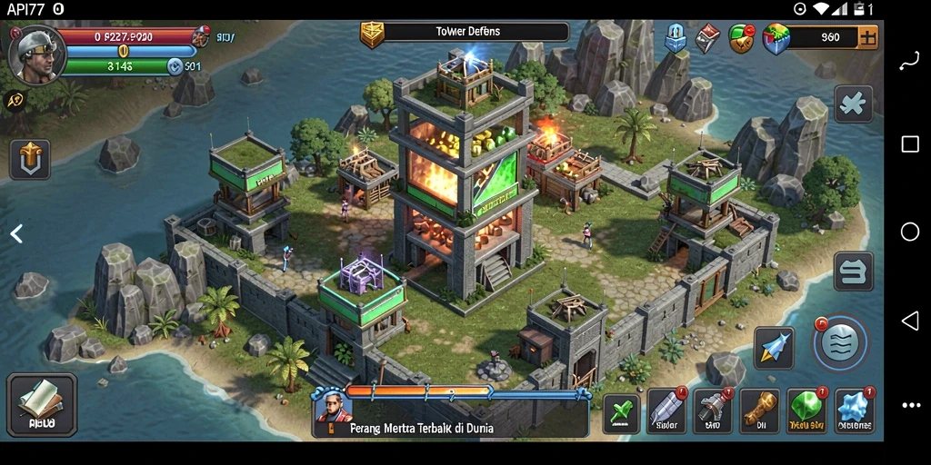 Screenshot gameplay API77 dengan menara bertahan melawan musuh.