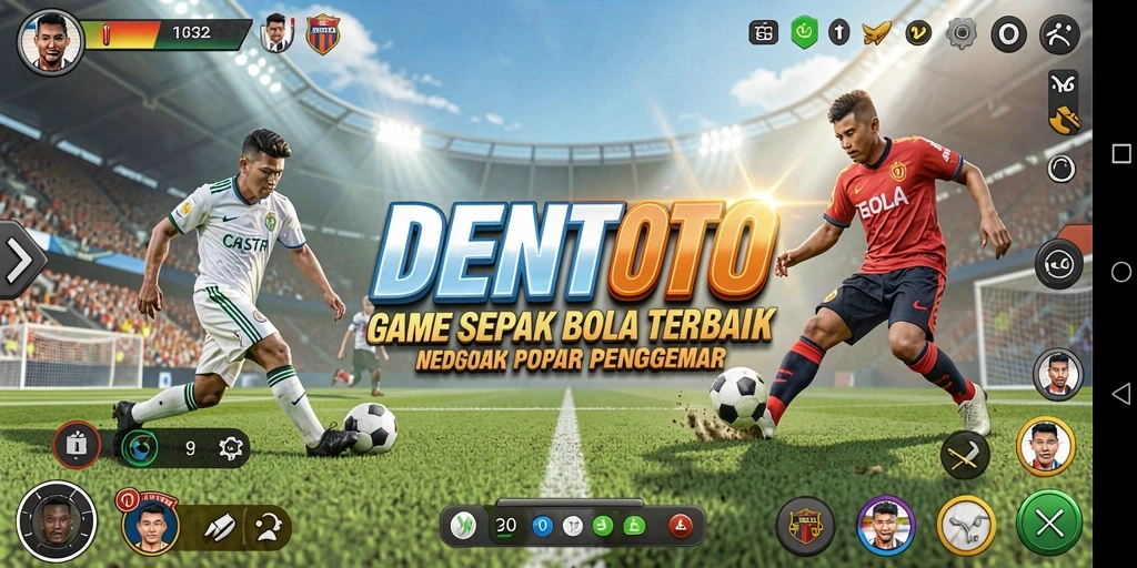Screenshot gameplay DENTOTO menampilkan aksi pertandingan sepak bola yang mendebarkan.