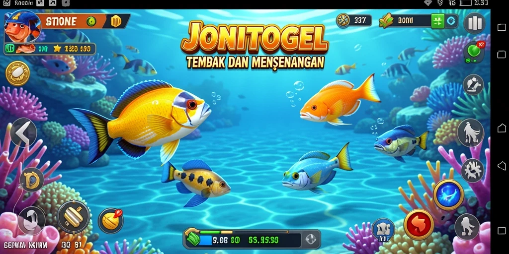 Tampilan gameplay <strong>JONITOGEL</strong> dengan aksi menembak ikan yang seru.