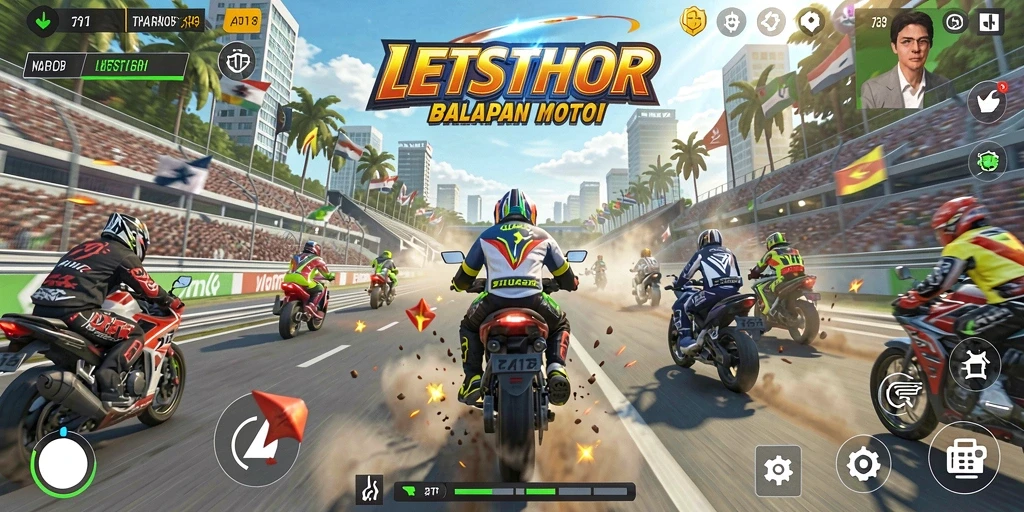 Gameplay seru LETSTHOR dengan balapan motor cepat.