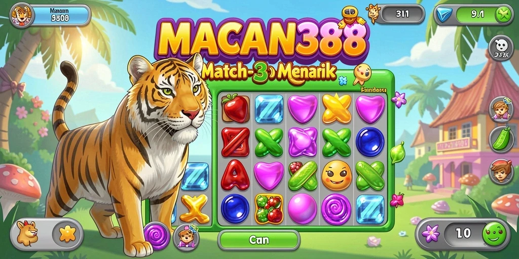 Tampilan seru gameplay Match-3 di MACAN388 dengan berbagai permata warna-warni.