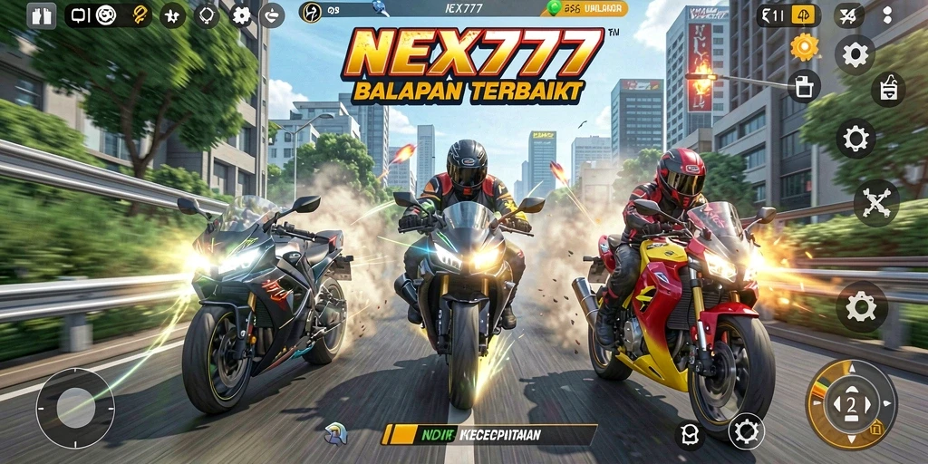Screenshot gameplay NEX777 menampilkan aksi balapan motor yang mendebarkan.