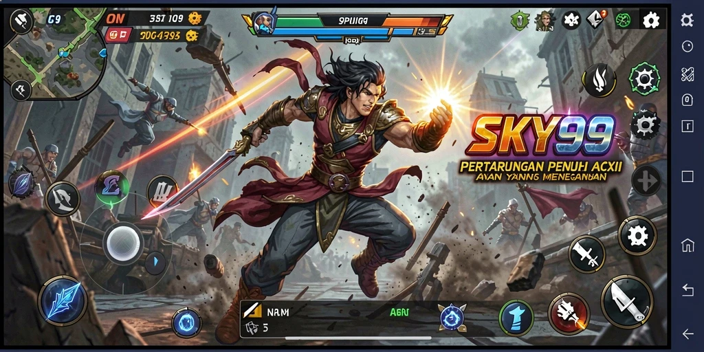 Screenshot pertarungan intens dengan berbagai karakter di SKY99.