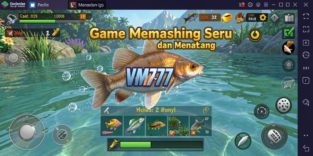 Screenshot utama VM777 menampilkan momen menangkap ikan yang mendebarkan.