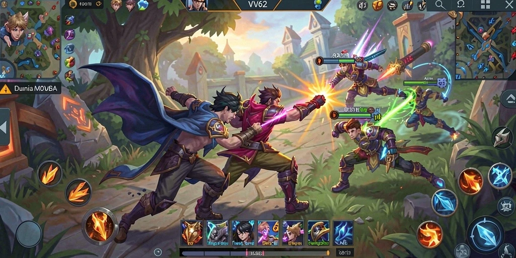 Tangkapan layar utama dari gameplay seru VV62 di arena MOBA.