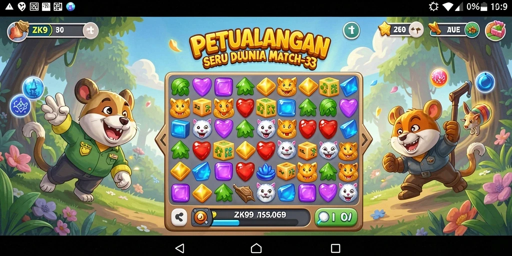 Tampilan menarik dan cerah dari gameplay ZK9 Match-3.
